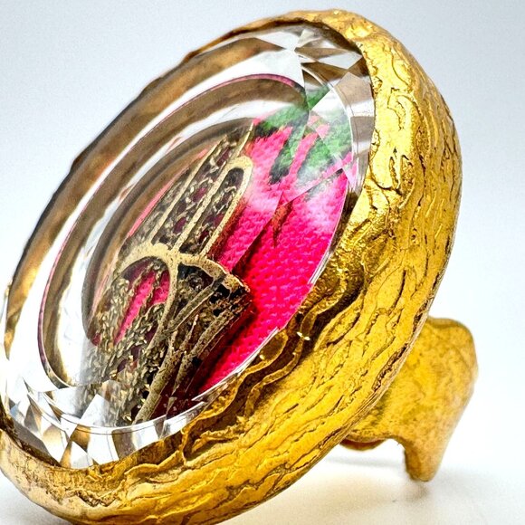 Silver Gold Vermeil Adjustable Hamsa Statement Ring Pink Textile Crystal Accent - Picture 2 of 12